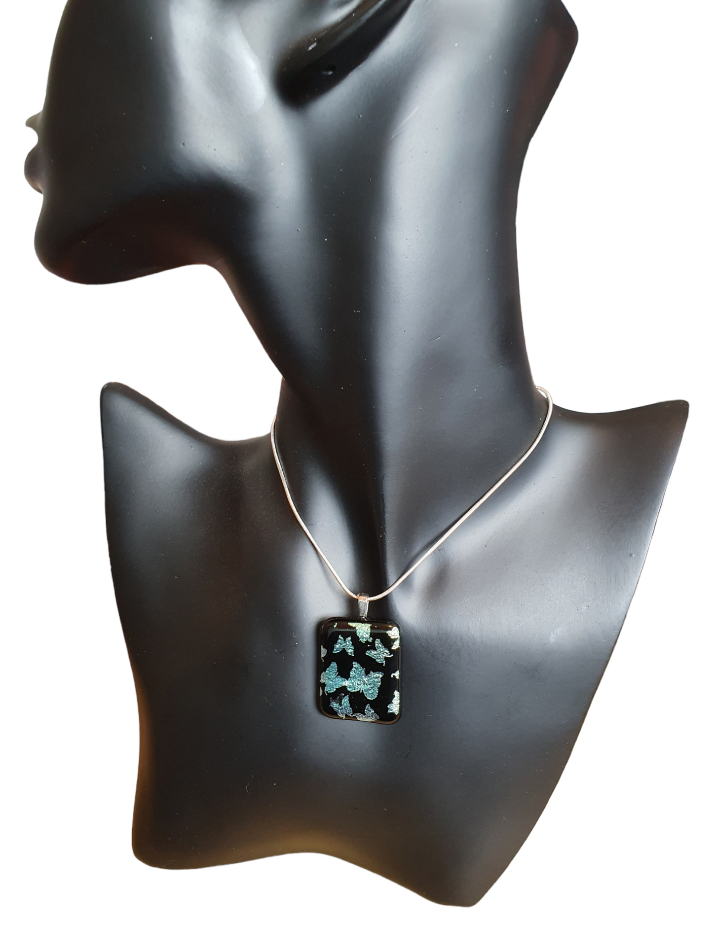 Silver metallic butterfly glass necklace