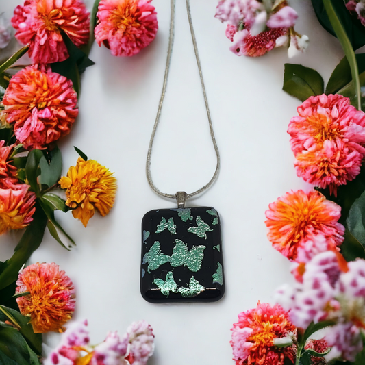 Silver metallic butterfly glass necklace