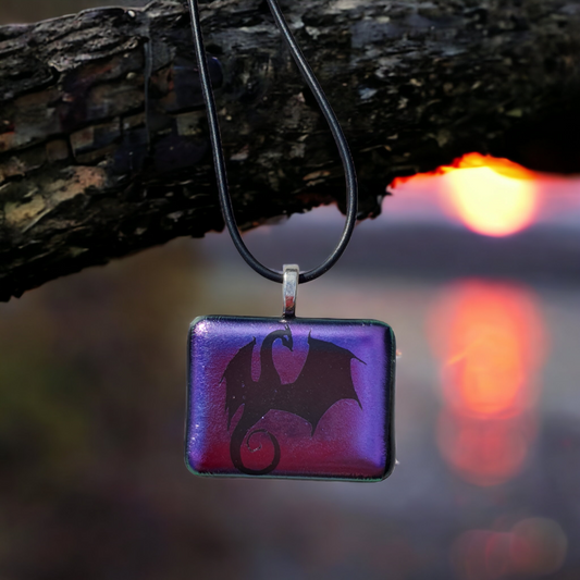 Purple metallic glass dragon necklace