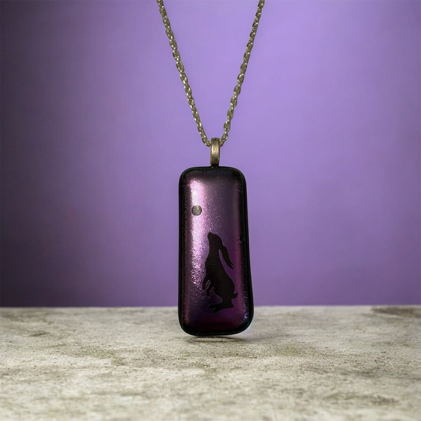 Moon gazing hare purple glass necklace