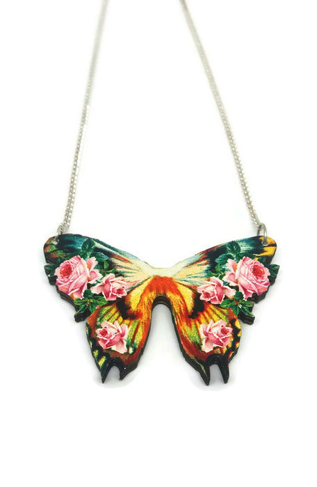 Flower Butterfly Necklace- Wood Cut- Vintage inspired jewellery