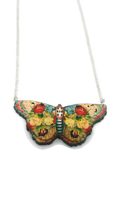 Flower Butterfly Necklace- Wooden Vintage inspired jewellery