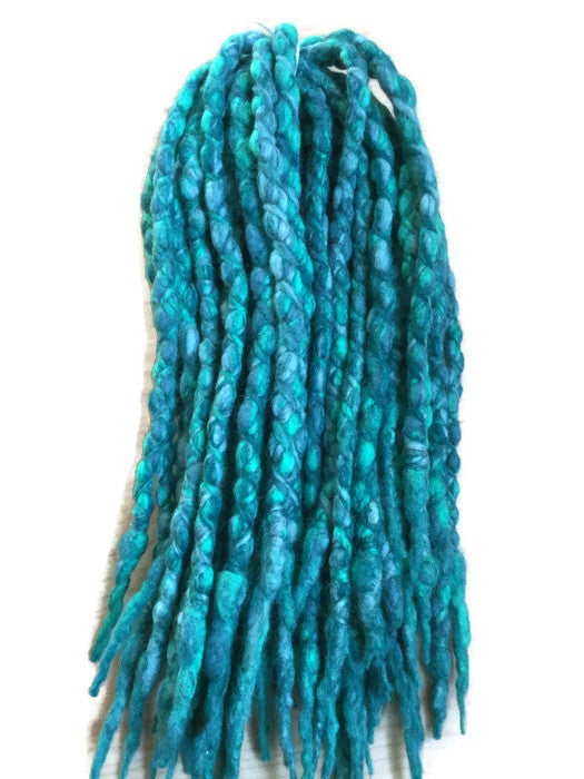 Wool dreadlocks teal peacock blended wrapped custom wool dreads- Double Ended Roving art hair extensions Kit