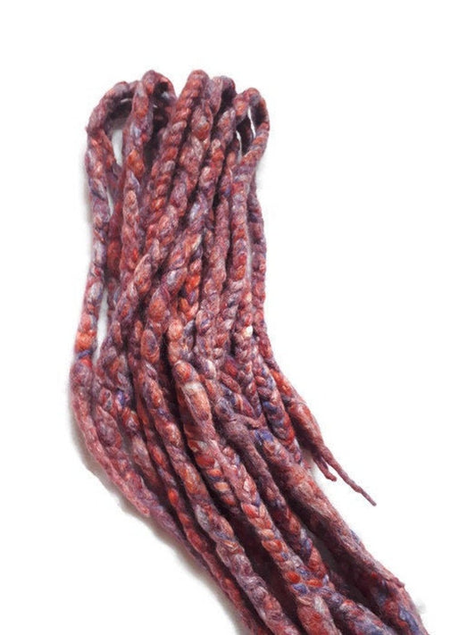 Wool dreadlocks red purple silk blended wrapped custom wool dreads- Double Ended Roving art hair extensions Kit
