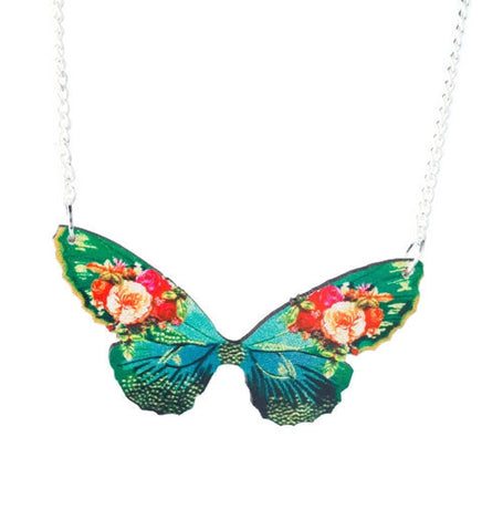 Flower Butterfly Necklace- Wood Cut- Vintage inspired jewellery